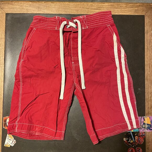 One Star Men's Small Board Shorts - Red with White Stripes - Picture 1 of 3